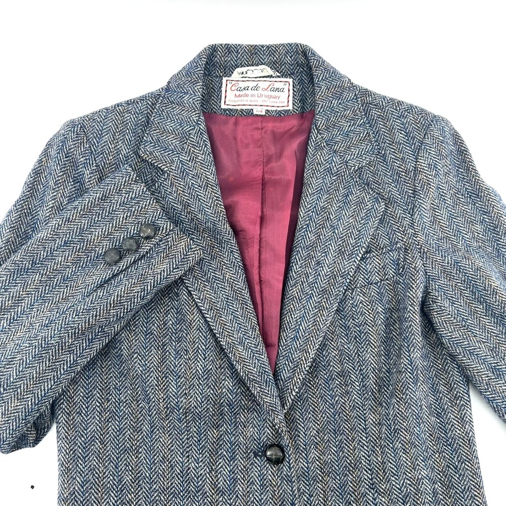 Casa de Lana Vintage Herringbone Virgin Wool Blazer Jacket Blue Gray Size 7/8